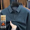 Suéter de Punto Grueso de Dos Piezas con Forro de Felpa para Hombres de Mediana Edad y Mayores, Camiseta Informal de Manga Larga con Cuello de Solapa