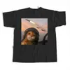 Camiseta de Seda de Leche Estilo Europeo y Americano Estampado de Gato Divertido Manga Corta Unisex Tendencia Verano