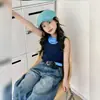 Conjunto de Verano para Niños Mayores 2026 Nuevo Modelo: Conjunto de Dos Piezas con Pantalones de Mezclilla Acortados de Pierna Ancha para Niñas, Estilo Ligero Estudiantil