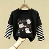 Nova Camiseta de Algodão Puro Patchwork com Gola Redonda e Manga Longa para Crianças, Estilo Fino, Primavera e Outono 2026, Meninas, Desenho Animado, Top Versátil