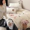 Conjunto de quatro peças de algodão com dupla camada de fio de coração para meninas, estilo coreano, floral, acolchoado, bordado, colcha, lençol de cama de 1,8 m