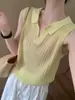 Chaleco de punto hueco con solapa estilo "old money" francés para mujer, camiseta polo de verano fina ajustada con cuello en V, top sin mangas