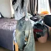 Jeans Petite Americano de Barra Desfiada para Mulheres, Calças Largas de Cintura Alta Tendência, Caimento Solto e Fluido, Comprimento no Chão