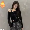 Nova Camiseta de Manga Longa com Cordão e Decote Ombro a Ombro para Mulheres na Primavera, Verão e Outono, Top Chique Sexy com Exposição da Clavícula e Ombro Oblíquo, Estilo Puro Sensual Estilo Curto