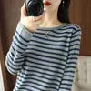 Blusa de tricô de algodão puro para outono e inverno, gola redonda, listrada, barra enrolada, para mulheres, camiseta de manga longa 100% algodão, blusa base de caimento solto