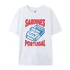 Site Independente Tamanho Europeu Estética Retrô Camiseta de Peixe em Lata Camiseta Gráfica Fofa para Foodies Camiseta de Sardinha Portuguesa