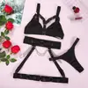 Mercancía Transfronteriza Europea y Americana Cincha de Cintura Sexy con Atadura Anillos para Piernas Conjunto Íntimo Ajustable de Tres Piezas Lencería Tentación Pasión para Mujer