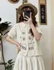 Camisa Bordada Artística de Manga Corta para Mujer, Fresca y Dulce con Cuello de Muñeca, Rejuvenecedora, Adelgazante, Top Holgado Versátil para Mujer