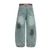 Marca Tendência Jiayiku Outono 2025 Novo Estilo Americano Deserto Lavado Sujo Tingido Jeans Cimitarra Calças Largas Soltas