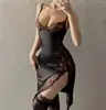 Lingerie Erótica Plus Size, Qipao de Renda com Fenda e Decote em V Profundo, Camisola de Seda Gelada, Lingerie Sexy Provocante, Revela Bumbum, Transparente Sem Tirar