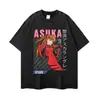 Camiseta de manga corta desgastada lavada de alta calidad europea y americana con estampado vertical japonés, top casual de moda urbana oversize