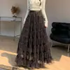 Ropa de mujer: Falda de malla abullonada con pliegues de burbuja, de cintura alta, línea A fluida, corte holgado, dobladillo ancho, falda de capas para mujer en otoño