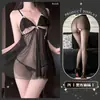 Lingerie Sexy com Vestido Transparente de Renda Furadinha em Malha, Saia com Gravata Borboleta e Toque Velado Franzido