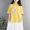 Nuevo Top de Algodón con Hebilla Retro Artístico para Mujer Ropa Zen para el Té Manga Corta Estilo Chino Bordado Camisa Artística