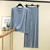 Conjunto Casual Simples de Malha para Casa Feminino Outono Novo Camiseta de Manga Longa com Gola Redonda Calça Reta Solta Conjunto de Duas Peças