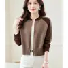 Cardigan Suéter Casaco de Tricô Quente Estilo Coreano Novo Outono/Inverno 2026 com Zíper e Blocos de Cor Costurados para Mulheres
