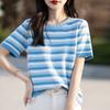 Camiseta de Manga Corta y Cuello Redondo de Algodón Puro a Rayas Arcoíris para Mujer Primavera y Verano 2025 Nueva Top Casual con Sentido del Diseño Holgado