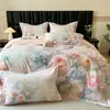 Sin pelusa~ Juego de cuatro piezas engrosado para otoño e invierno, algodón de fibra larga, cepillado, con estampado digital de estilo pastoral, juego de ropa de cama de algodón puro