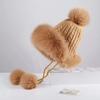 Gorro de pelo de zorro para mujer, gorro de punto de pelo de conejo a la moda, gorro de invierno de color liso con protección para las orejas, gorro estilo coreano con forma de bola para la cabeza