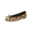 Zapatos Planos Bajos Redondos con Lazo Estampado de Leopardo Piel Genuina Crin de Caballo Versátiles Franceses Cómodos Zapatos Bailarina