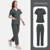 Uniformes de Enfermera Claros y Oscuros Color Sólido Manga Corta Pantalones Laboratorio Escuela Enfermera Ropa de Trabajo Traje Delgado Talla Grande Mujer