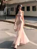 Vestido Floral de Alta Qualidade para Mulheres, Vestido de Tule Rosa Ultra-Fada de Verão, Vestido Sereia Sexy Bodycon com Cintura Marcada Slim-Fit