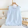 Pijama de gaze dupla camada 100% algodão personalizado para mulheres, estilo fino de primavera e verão, conjunto de duas peças com regata e calça comprida de cor sólida, pode ser usado fora de casa e em casa