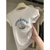 Camiseta Blanca de Cuello Redondo para Mujer, Manga Corta de Estudiante, Primavera y Verano, Chic Coreano, Estampado de Dibujos Animados, Hombro Normal, Top Adelgazante