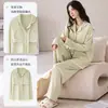 En stock, listo para enviar (con copas) pijama de algodón de manga larga y pantalón largo para mujer, conjunto de dos piezas tipo cárdigan, ropa de casa para mujer para transmisiones en vivo
