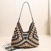 Bolso de Paja de Cuerda de Papel de Nuevo Estilo de un Solo Hombro con Diseño de Cuadrado de Abuela Hueco, Bolso Tejido Grande de Bloques de Color Triangulares para Mujer, Bolsa para Vacaciones en la Playa