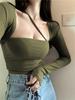 Camiseta de Manga Larga de Alta Elasticidad Moda para Mujer Estilo Puro Lustre Europeo y Americano Transfronterizo Top Corto Ajustado Sexy Sexy Camiseta