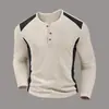 Amazon Transfronterizo Nuevo Waffle de Hombre Bicolor Cuello Alto Abotonada Manga Larga Henley Camisa Casual Otoño Top