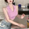 Verano 2025 nuevo cuello POLO cuello halter sin mangas color liso espalda descubierta tejido trenzado chaleco corto top para mujer de fábrica