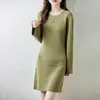 Vestido de punto redondo 100% lana pura, vestido midi de manga larga de color liso para mujer, corte holgado, moderno y elegante