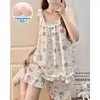 Pijama de Algodón Nube con Almohadillas para el Pecho para Mujer, Estilo Delgado de Verano, Tirantes de Dibujos Animados Dulces, Pantalones Cortos, Conjunto Casual de Ropa para Casa para Estudiantes