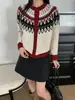 Cárdigan de punto jacquard con bloques de color estilo Fair Isle, cuello redondo para mujer, nuevo abrigo suéter vintage de otoño e invierno, top de manga larga