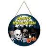Bestseller transfronterizo letrero redondo de madera de Halloween para puerta con calavera, gato negro, calabaza y patrones de tumba, decoración colgante de puerta para crear ambiente