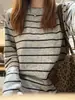 Camiseta de manga larga a rayas de color contrastante para mujer, holgada, para primavera, otoño, invierno, base cepillada holgada, top para ir al trabajo y uso casual