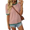 Suéter informal de manga corta con cuello redondo y rayas en contraste de color para mujer de Amazon, ropa transfronteriza europea y americana, novedad de verano de 2025
