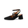 Sapatos Mary Jane Sapatos de Salto Médio Grosso Novo Estilo 2025 Tira no Tornozelo Bico Quadrado Sandálias de Salto Alto Femininas 32-48 Sapatos de Exportação