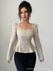 Top de Verano 2026 Europeo y Americano de Cuello Cuadrado con Mangas Abullonadas, Cintura Ceñida, Botones de Perla y Camisa de Corte Entallado con Dobladillo de Volantes