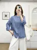 Colección Otoño 2026 Estilo Japonés Cuello Alto Sarga Un Botón Manga Larga Camisa para Mujer Top Casual Artístico