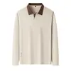 Camisa polo de algodão com trama canelada e gola de gaivota para homens, nova coleção outono 2026, cor sólida, respirável, casual, manga longa para homens
