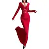 Vestido longo bodycon vermelho com cintura marcada, estilo puro desejo transfronteiriço para mulheres, vestido de outono e primavera com decote V halter e emendas de renda