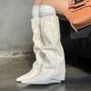 Botas Acampanadas Blancas Adelgazantes 2026 Nuevo Estilo Punta Puntiaguda Caña Alta Botas de Montar Tacón de Cuña Botas Largas para Mujer Debajo de la Rodilla