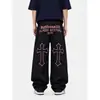 Jeans de Mezclilla Cruda Bordados Plisados Resistentes Estilo Retro Americano Unisex Sueltos Pierna Ancha Estilo Callejero Versátiles Pantalones Largos Modernos