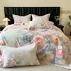 Juego de cuatro piezas de algodón 100% de fibra larga, grosor aumentado, cepillado, con estampado floral grande, de alta gama, que incluye funda de edredón, sábana bajera y ropa de cama