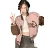 Moda Casual Nova Outono e Inverno 2024 Bordado de Letras Costura Uniforme de Baseball Jaqueta Solta com Gola Alta Moda Feminina