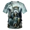 Camiseta Masculina de Verão Nova Tendência Halloween Esqueleto de Cerveja Estampa Digital 3D Gola Redonda Manga Curta
