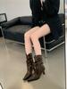 Botines Cortos de Tacón Alto con Punta Aguda y Diseño de Pliegues para Mujer, Botas de Media Pantorrilla, Estilo Caliente Otoño e Invierno 2024, Botas de Tacón de Aguja con Efecto Adelgazante